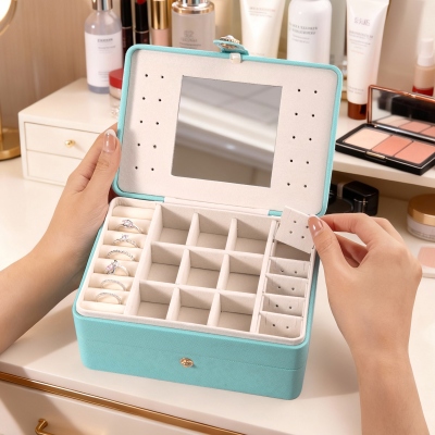 Boîte de maquillage de voyage personnalisée avec fleur de naissance et nom, boîte à miroir de maquillage multifonctionnelle, boîte de rangement pour bijoux/cosmétiques, cadeau d'anniversaire pour elle