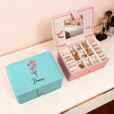 Boîte de maquillage de voyage personnalisée avec fleur de naissance et nom, boîte à miroir de maquillage multifonctionnelle, boîte de rangement pour bijoux/cosmétiques, cadeau d'anniversaire pour elle
