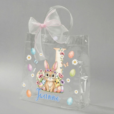 Sac cadeau de Pâques personnalisé avec prénom, motif floral et lapin, ruban rose, sac transparent en PVC pour la chasse aux œufs, cadeau de Pâques pour enfants (filles/garçons)