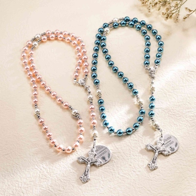 Collier chapelet personnalisé pour première communion/baptême, pendentif calice et croix avec breloque nom et date, cadeau pour famille/amis chrétiens