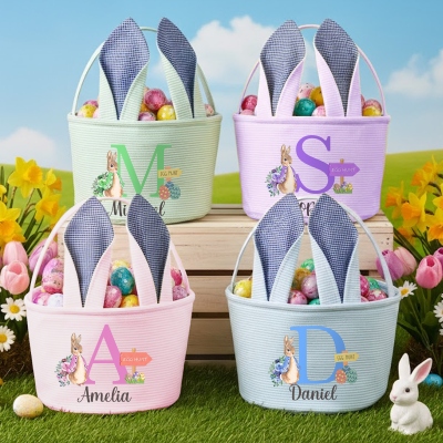 Panier de Pâques personnalisé avec prénom, alphabet Pierre Lapin et oreilles de lapin, panier pour la chasse aux œufs, sac à surprises de Pâques en seersucker, cadeau de Pâques pour enfants (garçons et filles)
