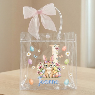 Sac cadeau de Pâques personnalisé avec prénom, motif floral et lapin, ruban rose, sac transparent en PVC pour la chasse aux œufs, cadeau de Pâques pour enfants (filles/garçons)