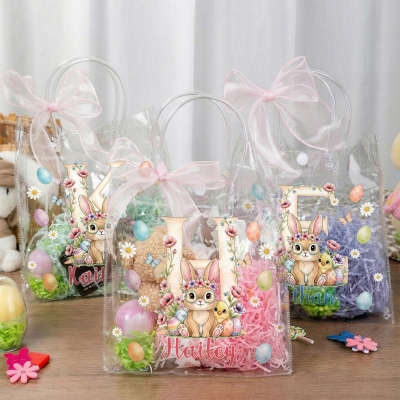 Sac cadeau de Pâques personnalisé avec prénom, motif floral et lapin, ruban rose, sac transparent en PVC pour la chasse aux œufs, cadeau de Pâques pour enfants (filles/garçons)