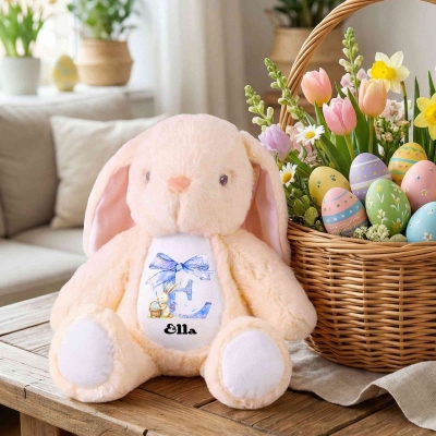 Poupée lapin personnalisée avec nœud rose et nom, peluche douce en forme de lapin, souvenir, décoration de Pâques, cadeau d'anniversaire/de Pâques pour enfants/filles