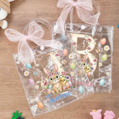 Sac cadeau de Pâques personnalisé avec prénom, motif floral et lapin, ruban rose, sac transparent en PVC pour la chasse aux œufs, cadeau de Pâques pour enfants (filles/garçons)