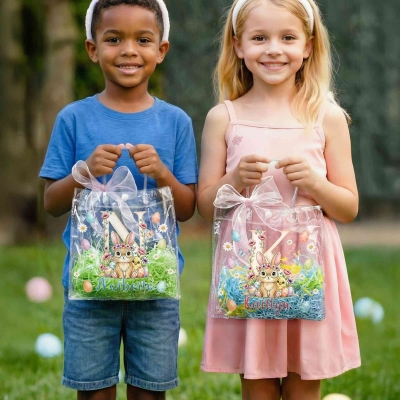 Sac cadeau de Pâques personnalisé avec prénom, motif floral et lapin, ruban rose, sac transparent en PVC pour la chasse aux œufs, cadeau de Pâques pour enfants (filles/garçons)