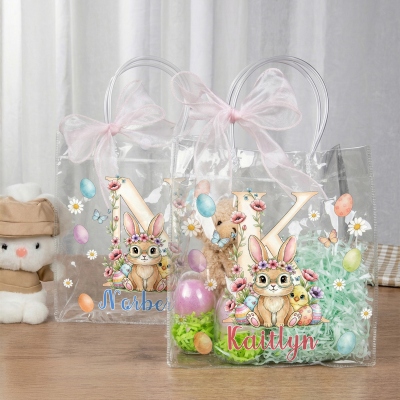 Sac cadeau de Pâques personnalisé avec prénom, motif floral et lapin, ruban rose, sac transparent en PVC pour la chasse aux œufs, cadeau de Pâques pour enfants (filles/garçons)