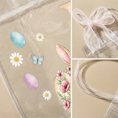 Sac cadeau de Pâques personnalisé avec prénom, motif floral et lapin, ruban rose, sac transparent en PVC pour la chasse aux œufs, cadeau de Pâques pour enfants (filles/garçons)