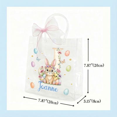 Sac cadeau de Pâques personnalisé avec prénom, motif floral et lapin, ruban rose, sac transparent en PVC pour la chasse aux œufs, cadeau de Pâques pour enfants (filles/garçons)