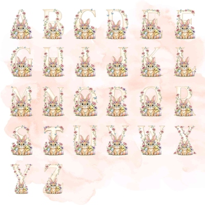 Sac cadeau de Pâques personnalisé avec prénom, motif floral et lapin, ruban rose, sac transparent en PVC pour la chasse aux œufs, cadeau de Pâques pour enfants (filles/garçons)